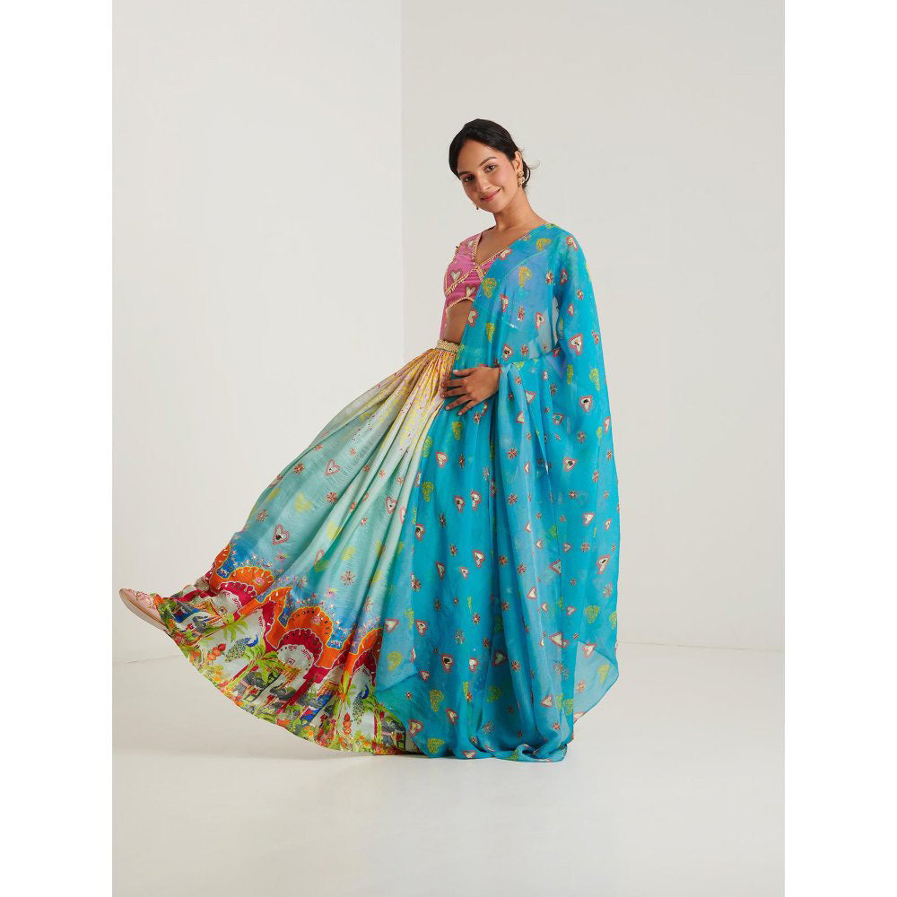 Blushing Couture by Shafali Blue Surya Printed Lehenga with Blouse and Dupatta (Set of 3)