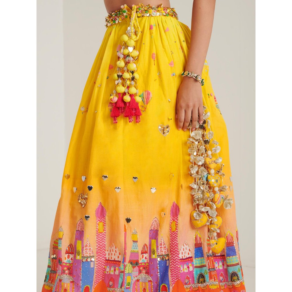 Blushing Couture by Shafali Yellow Cotton Printed Lehenga with Blouse and Dupatta (Set of 3)