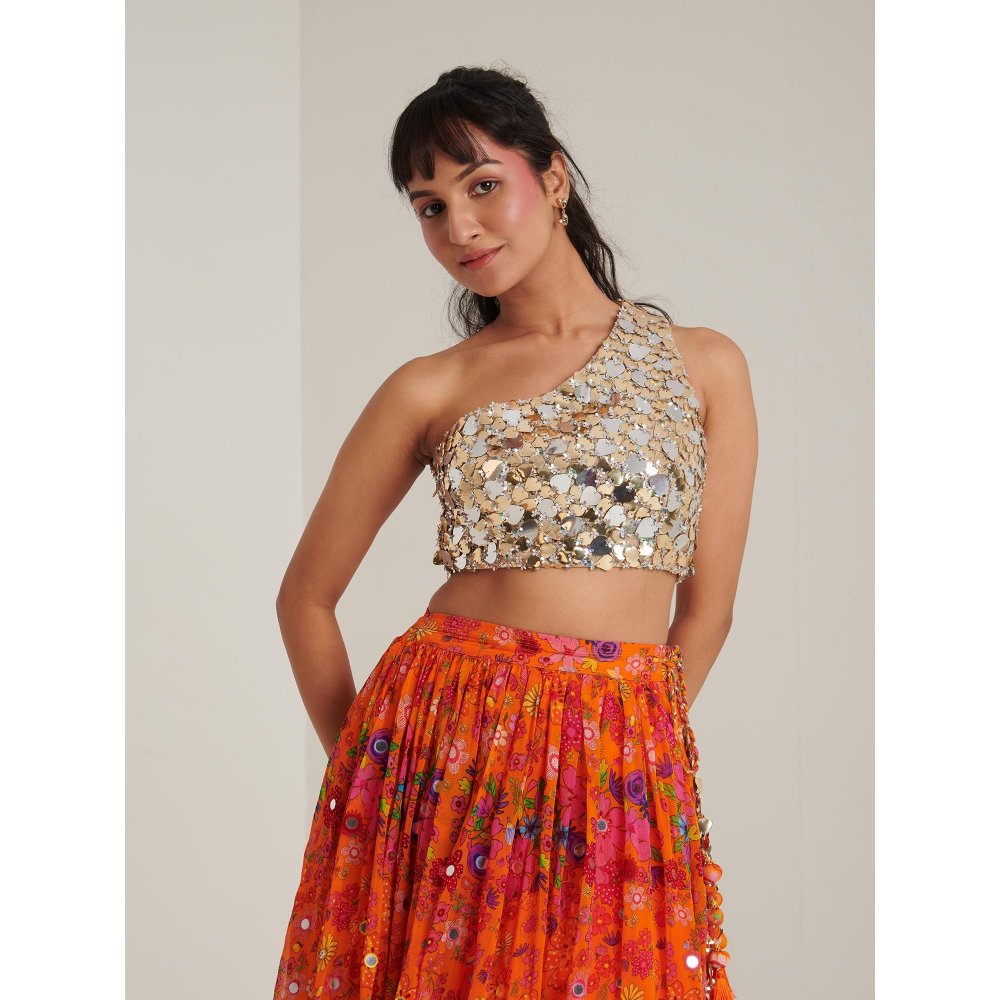 Blushing Couture by Shafali Orange Organza Printed Lehenga with Blouse and Dupatta (Set of 3)