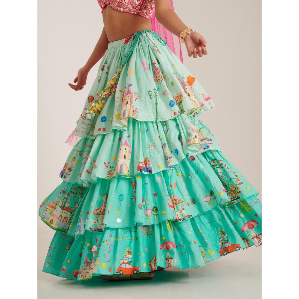 Blushing Couture by Shafali Turquoise Printed Lehenga with Blouse and Dupatta (Set of 3)