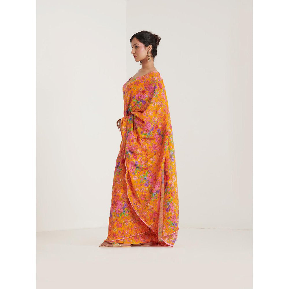 Blushing Couture by Shafali Orange Printed Pre Draped Saree with Stitched Blouse