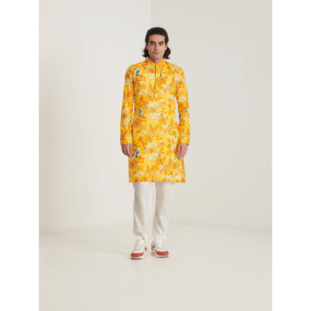 Blushing Couture by Shafali Mustard Floral Printed Kurta with Pyjama (Set of 2)