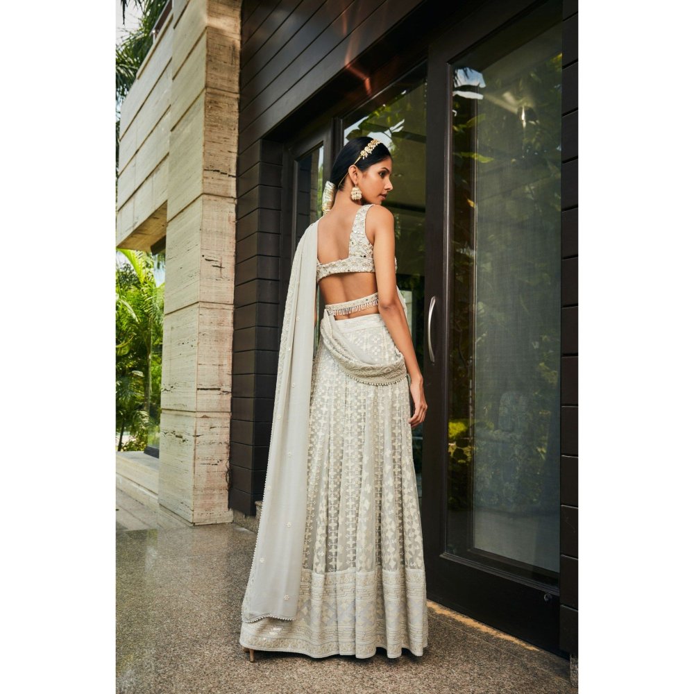 Bohame Alisa Light Grey Embroidered Chikankari Blouse with Lehenga & Dupatta (Set of 3)