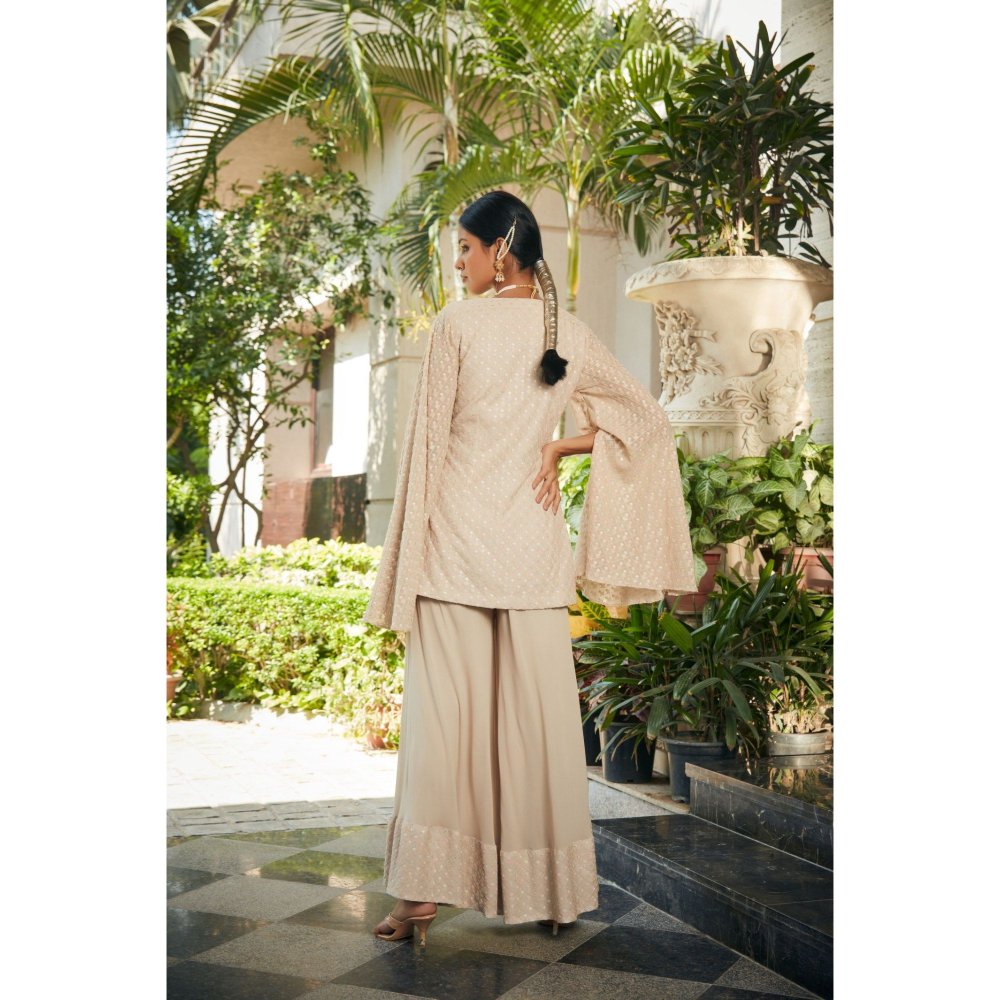 Bohame Raga Beige Embroidered Chikankari Tunic with Flared Pant (Set of 2)