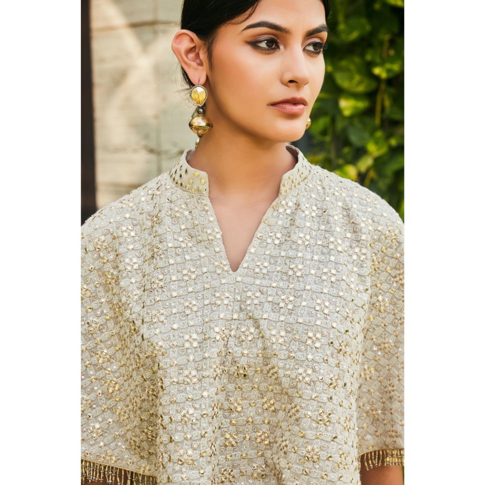 Bohame Ila Off White Chikankari & Mirror Work Bustier with Cape & Pant (Set of 3)