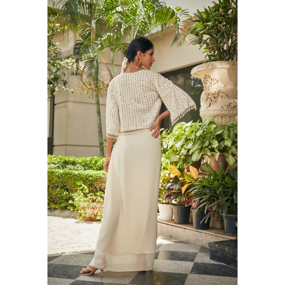 Bohame Artika Off White Mirror Work & Chikankari Blouse with Skirt & Cape (Set of 3)