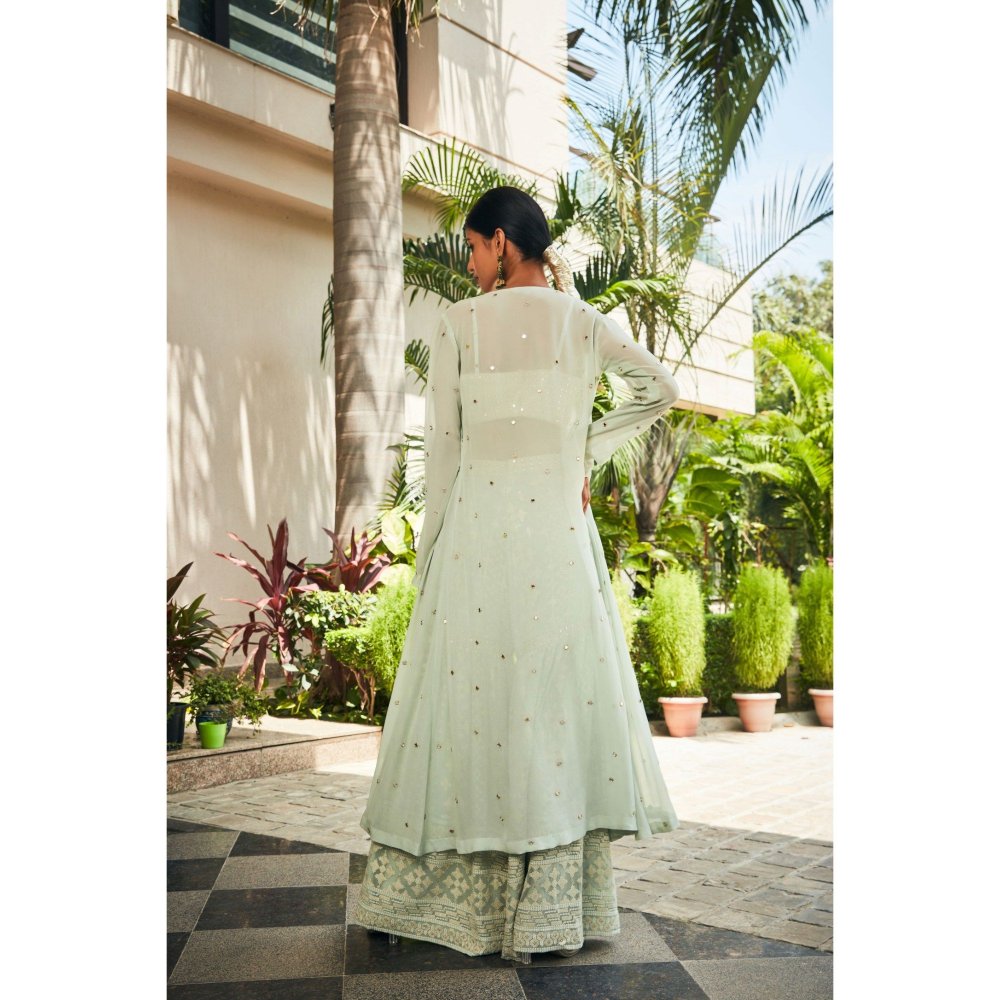 Bohame Ruhi Pastel Green Mirror Work & Chikankari Blouse with Sharara & Cape (Set of 3)