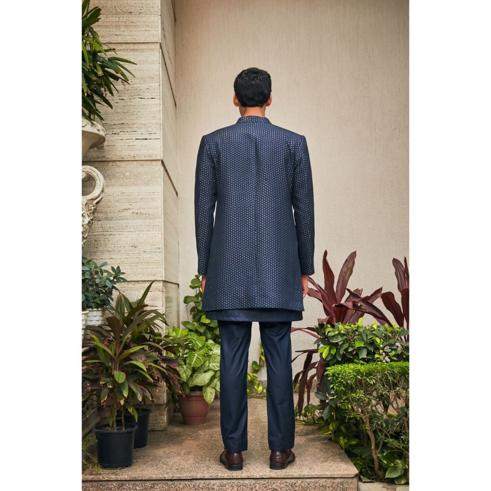 Bohame Aagney Navy Blue Chikankari Open Jacket and Kurta with Pant (Set of 3)