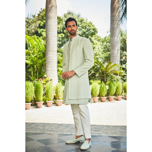 Bohame Harit Pastel Green Chikankari Open Jacket and Kurta with Pant (Set of 3)