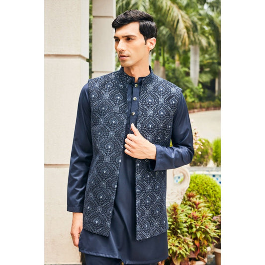 Bohame Ahi Navy Blue Chikankari Open Nehru Jacket and Kurta with Pant (Set of 3)