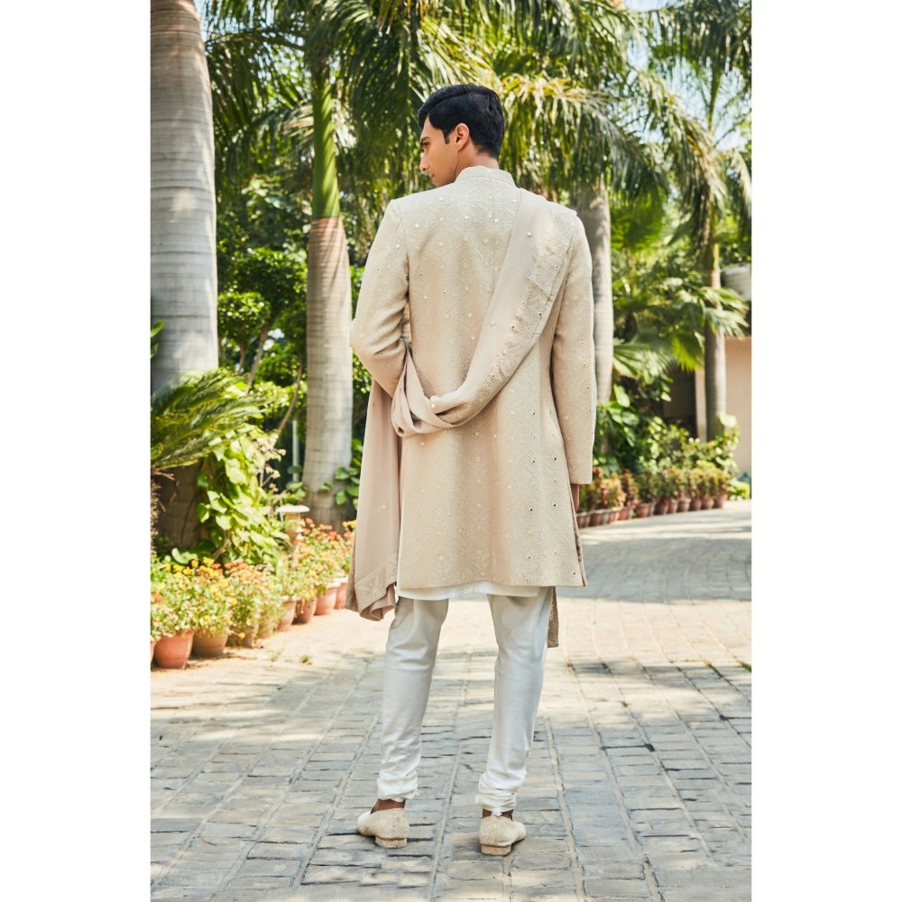 Bohame Hirav Beige Chikankari Sherwani Kurta and Churidaar with Dupatta (Set of 4)