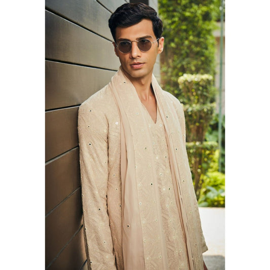 Bohame Udvah Beige Chikankari Kurta and Salwar with Dupatta (Set of 3)