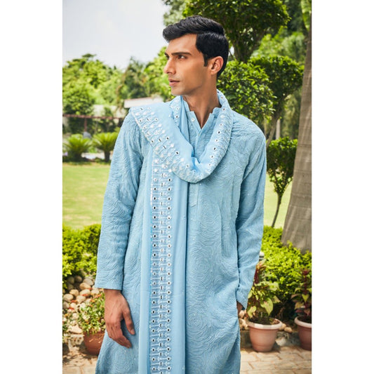 Bohame Udvah Light Blue Chikankari Kurta and Pant with Dupatta (Set of 3)