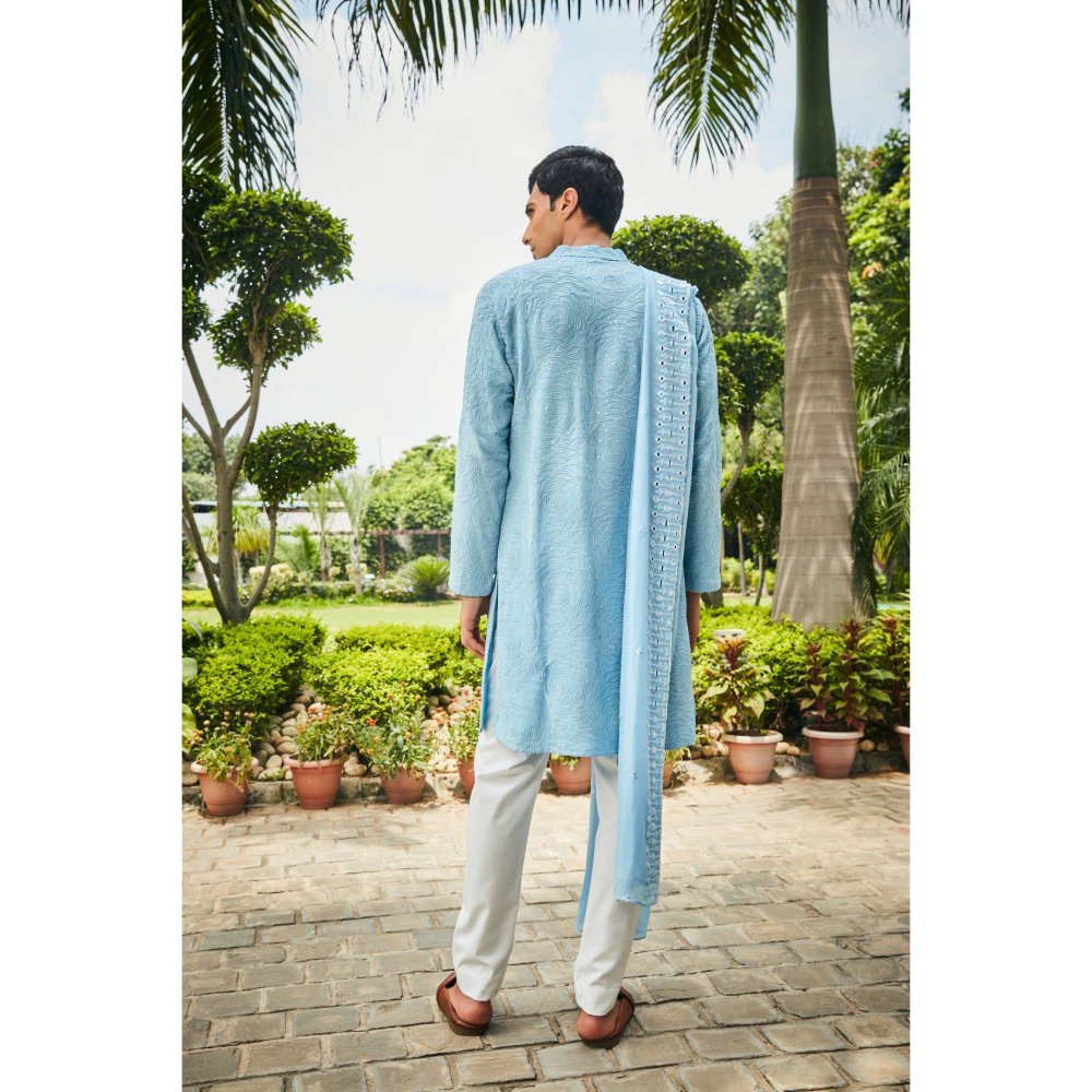 Bohame Udvah Light Blue Chikankari Kurta and Pant with Dupatta (Set of 3)