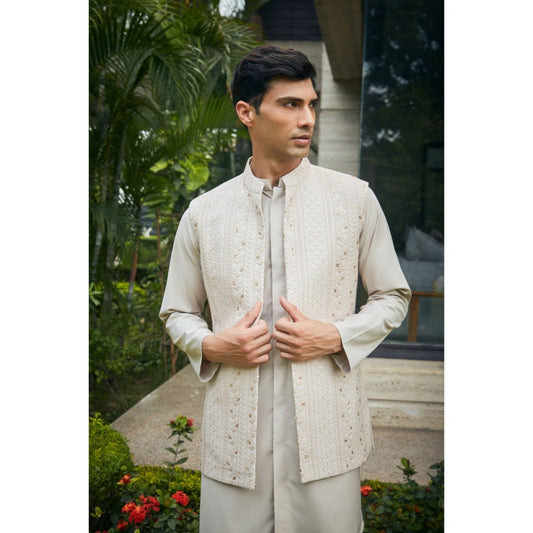 Bohame Iresh Ivory Chikankari Nehru Jacket and Kurta with Pant (Set of 3)