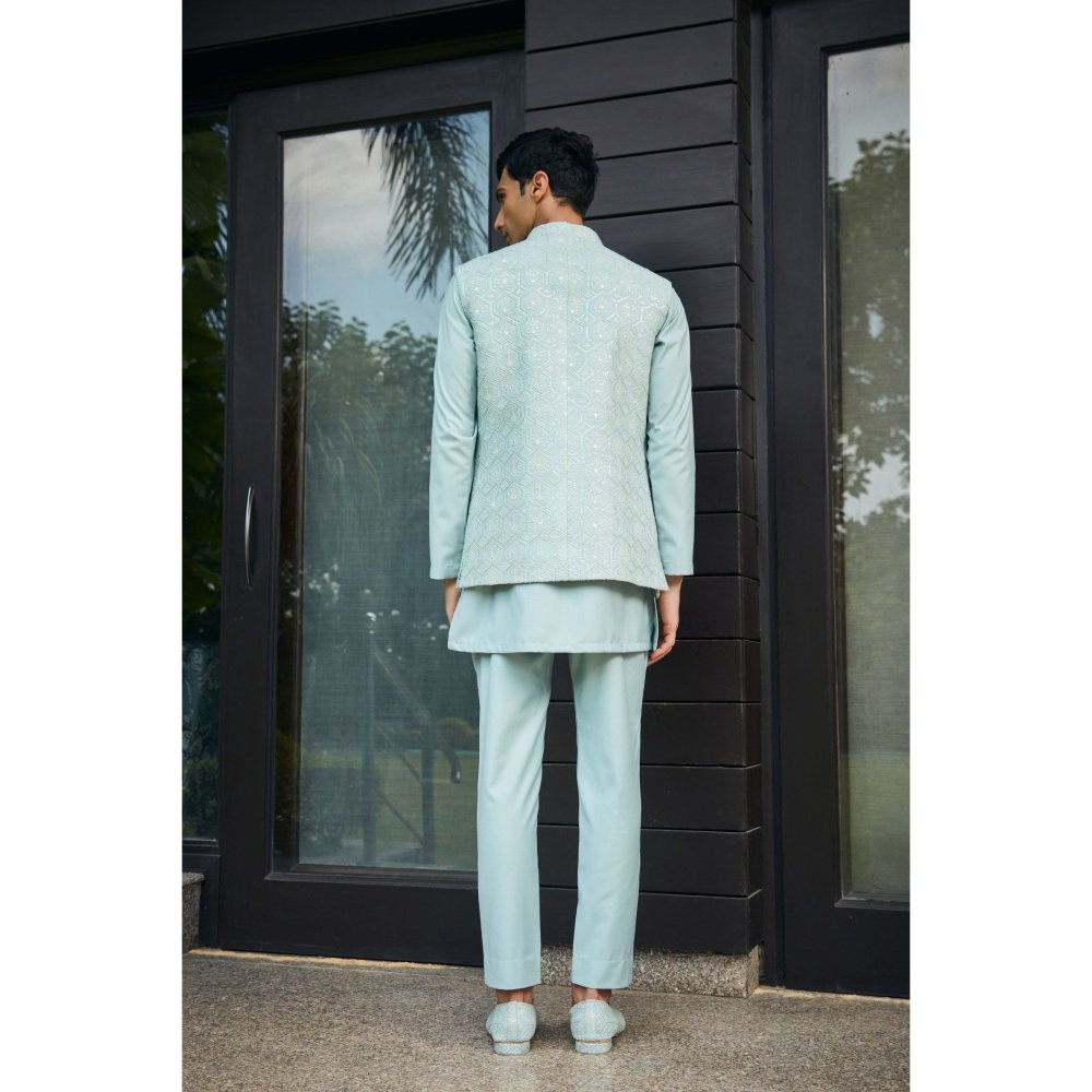 Bohame Bel Mint Green Chikankari Open Nehru Jacket and Kurta with Pant (Set of 3)