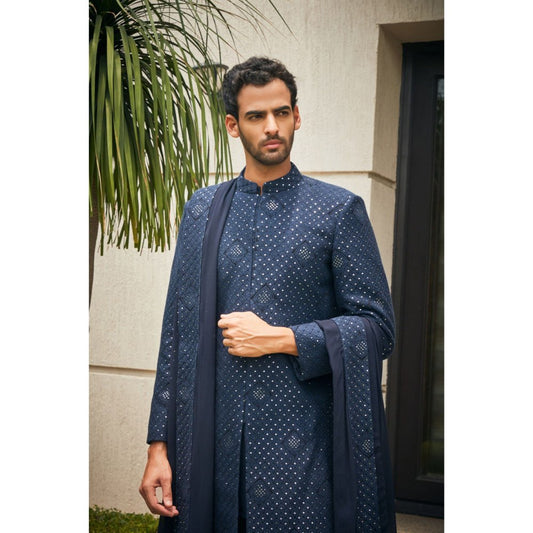 Bohame Anvit Navy Blue Chikankari Embroidery Sherwani Kurta and Pant with Dupatta (Set of 4)