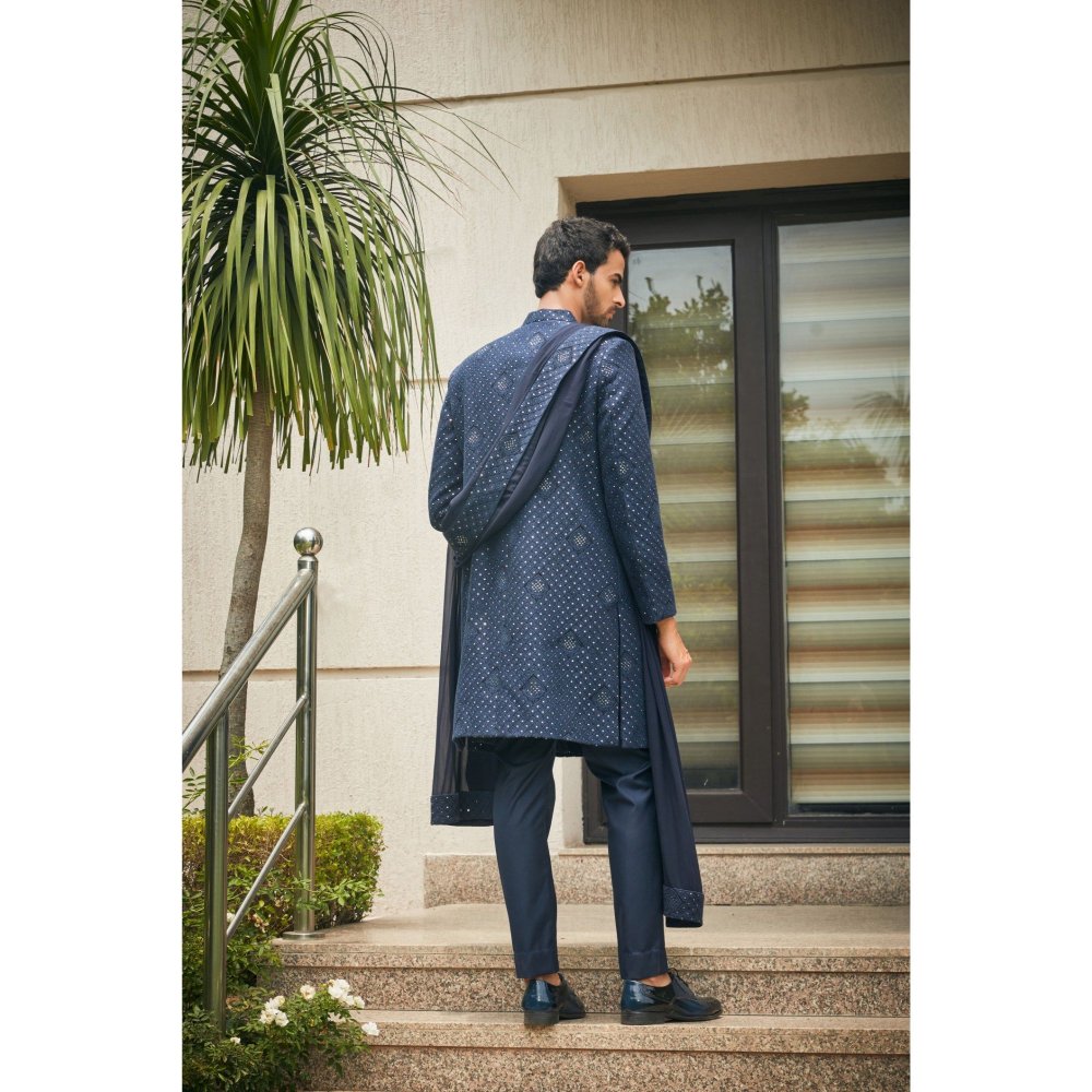 Bohame Anvit Navy Blue Chikankari Embroidery Sherwani Kurta and Pant with Dupatta (Set of 4)