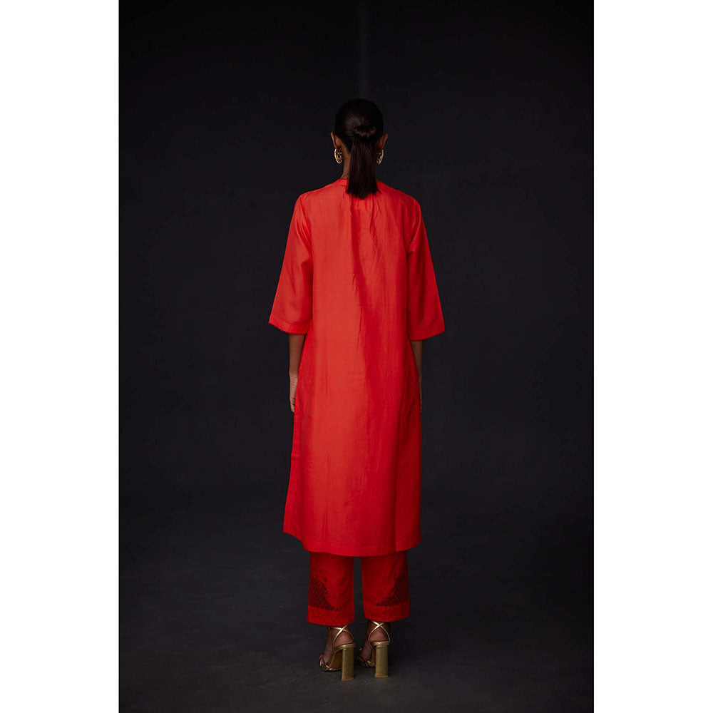 BRIH Scarlet Red Embroidered Kurta with Pant (Set of 2)