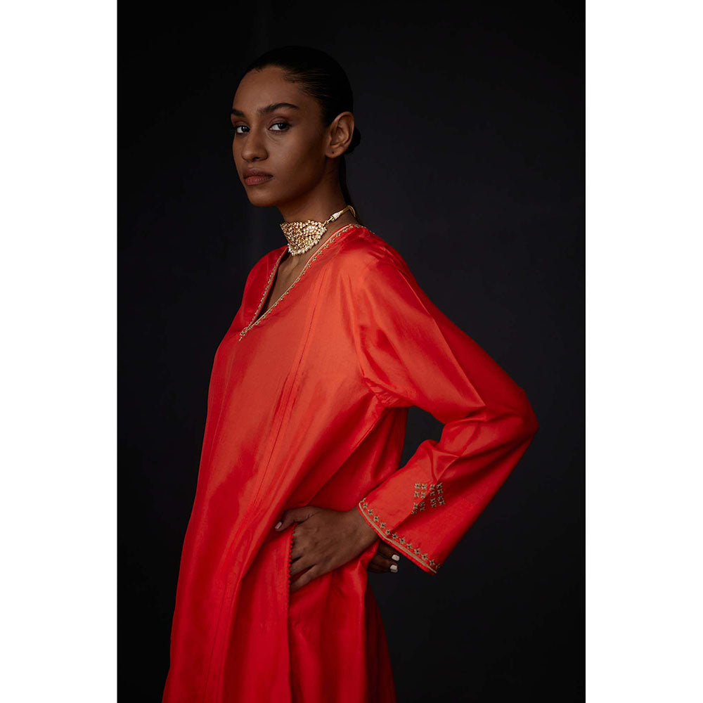 BRIH Scarlet Red Embroidered Kurta with Pant (Set of 2)