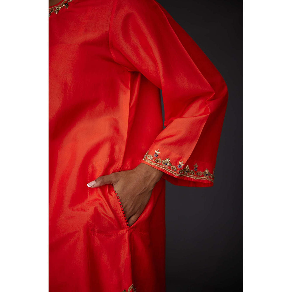 BRIH Scarlet Red Embroidered Kurta with Pant (Set of 2)