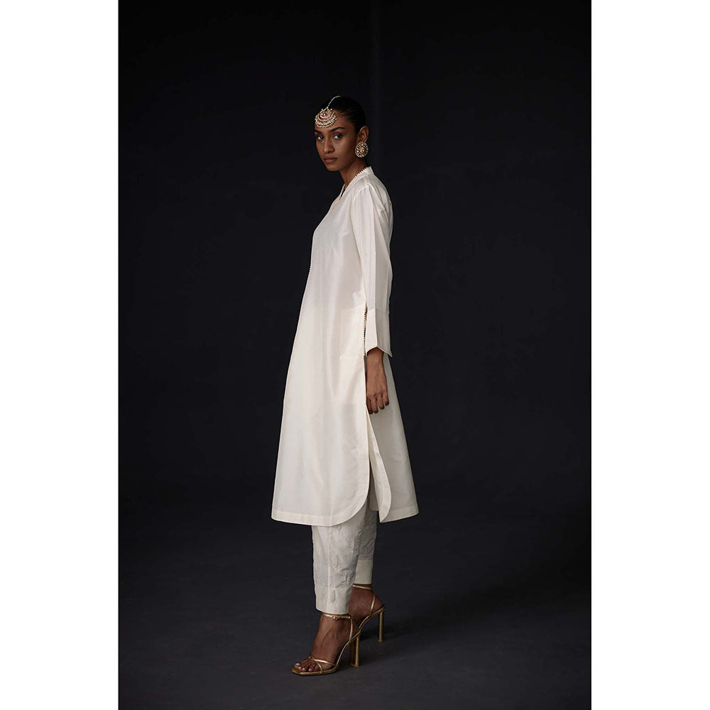 BRIH White Pearl Embroidered Kurta with Pant (Set of 2)