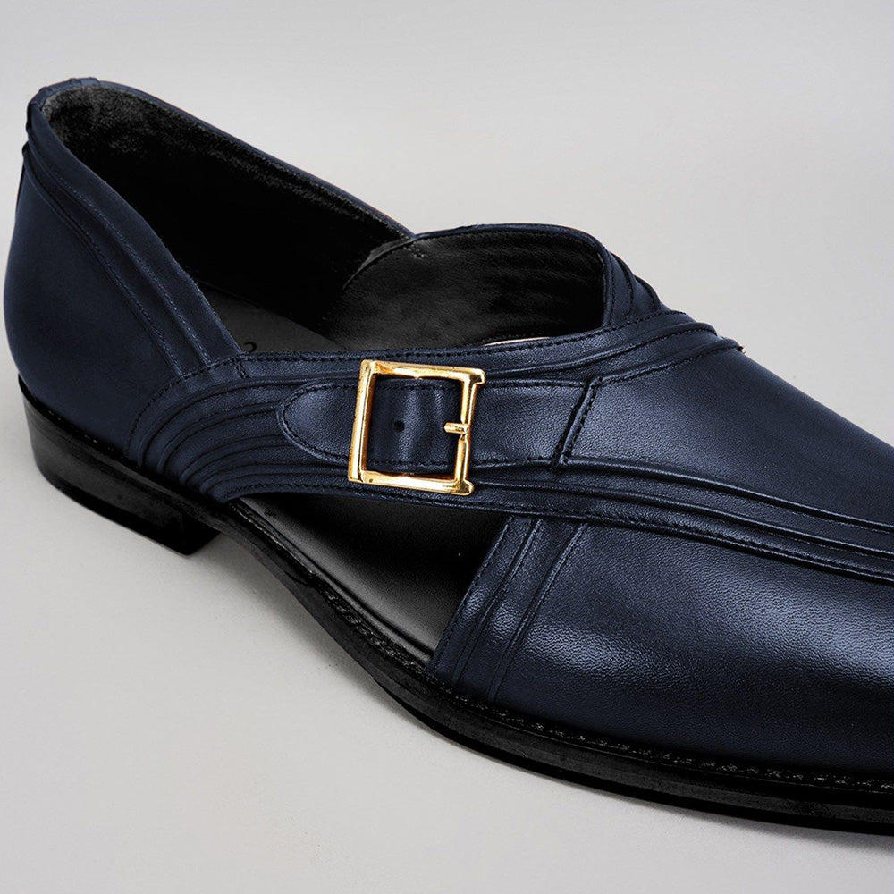 Bubber Couture Damon Navy Blue Pintucked Italian Leather Peshawari Sandals