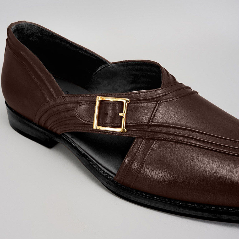 Bubber Couture Mane Brown Pintucked Italian Leather Peshawari Sandals