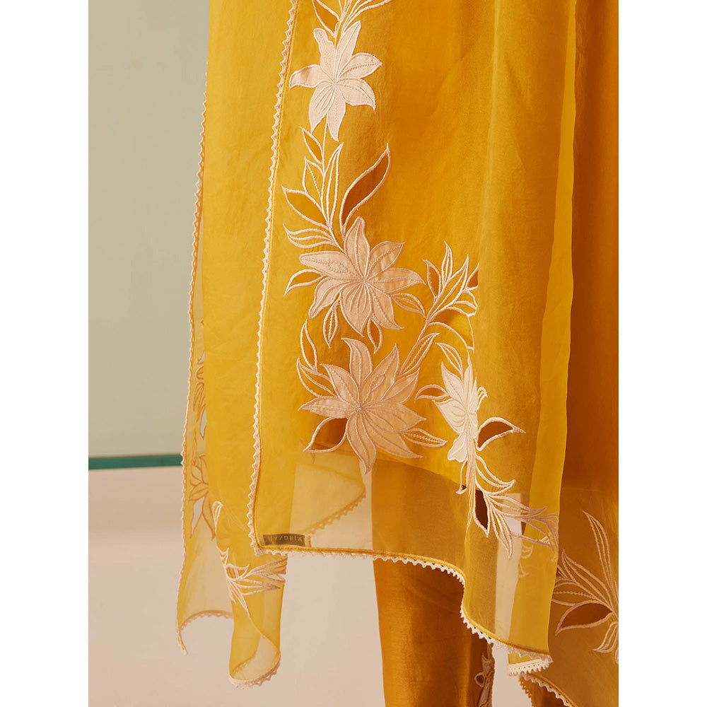 CHANDRIMA Mustard Organza Floral Embroidered Dupatta