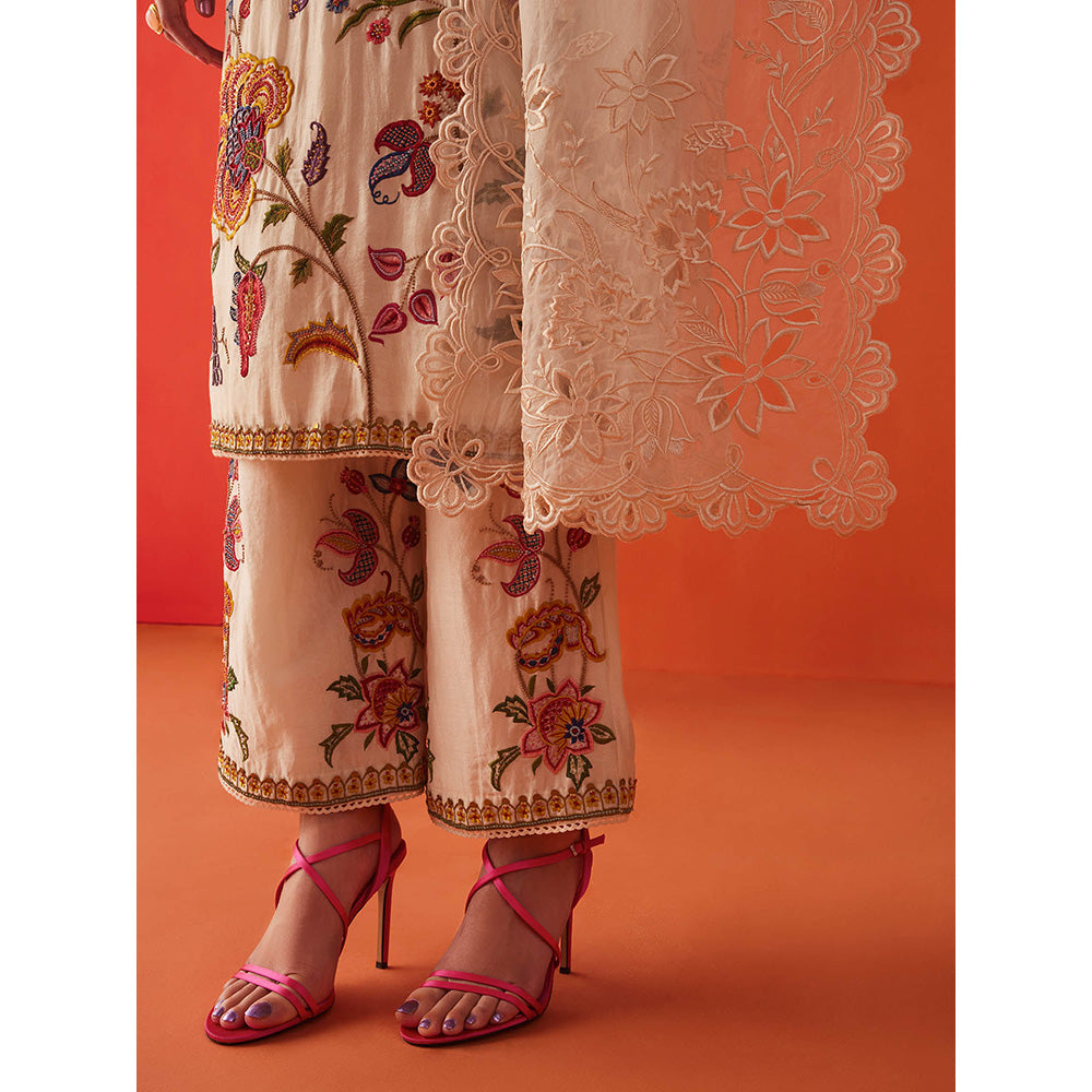 CHANDRIMA Ivory Organza Floral Embroidered Dupatta