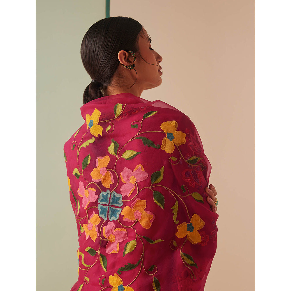 CHANDRIMA Pink Organza Floral Embroidered Dupatta