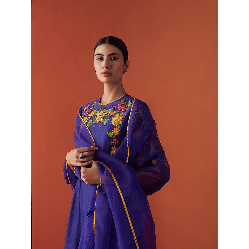 CHANDRIMA Navy Blue Organza Floral Embroidered Dupatta