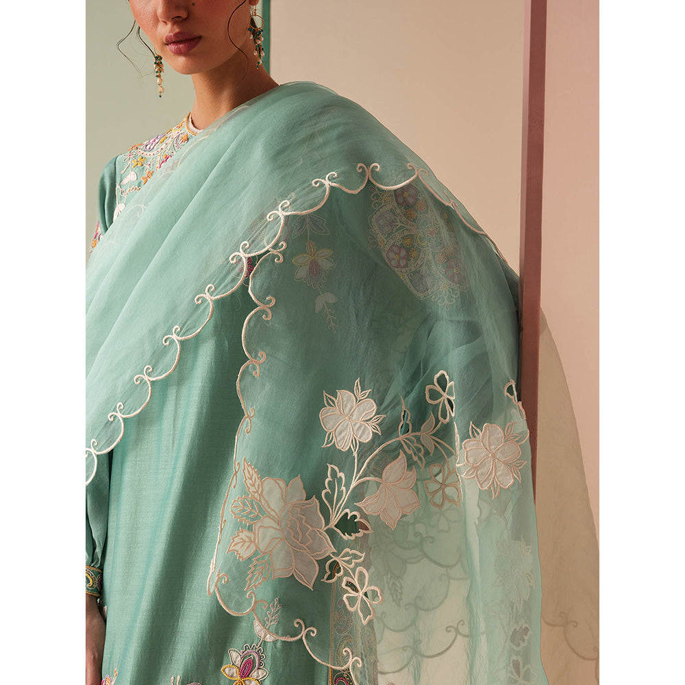 CHANDRIMA Green Organza Floral Embroidered Dupatta