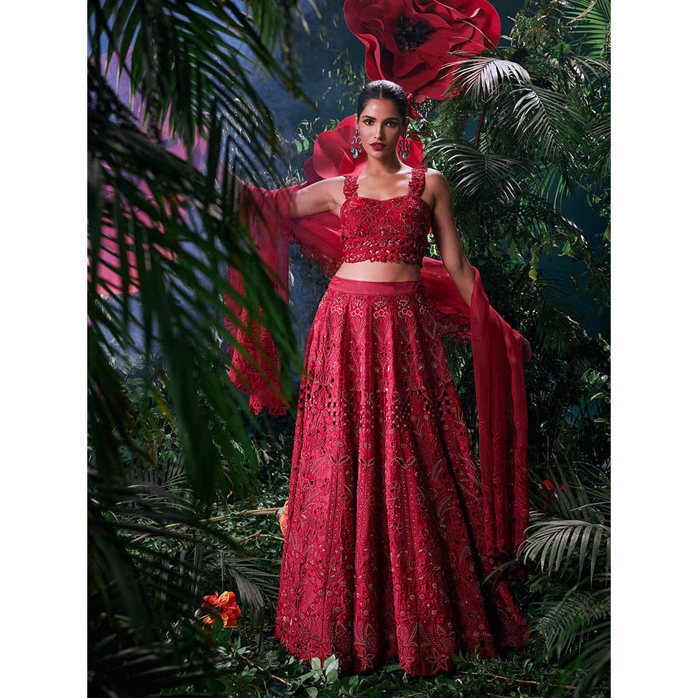 CHANDRIMA Red Chanderi Floral Sleeveless Sweetheart Bead Work Crop Top