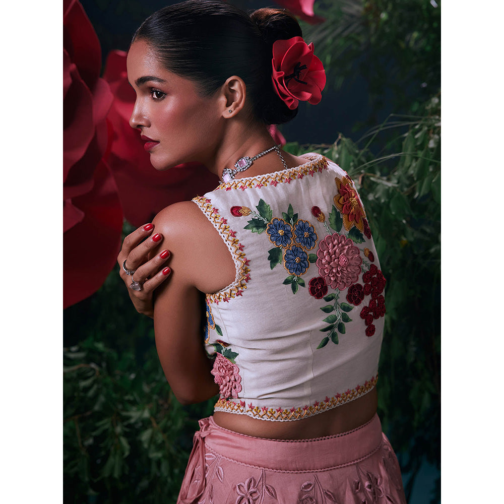 CHANDRIMA Ivory Chanderi Floral Sleeveless Square Neck Bead Work Crop Top