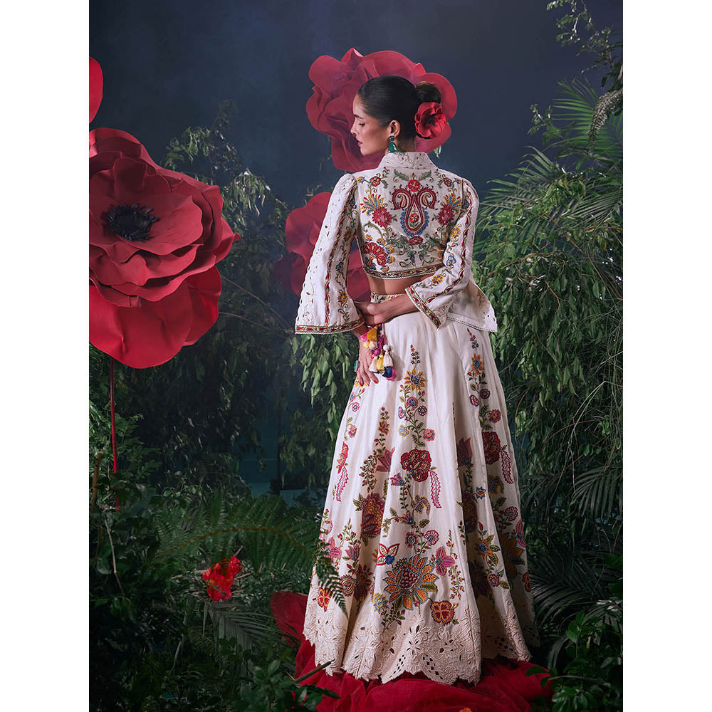 CHANDRIMA Ivory Chanderi Floral Three Fourth Sleeves V-Neck Bead Work Jacket