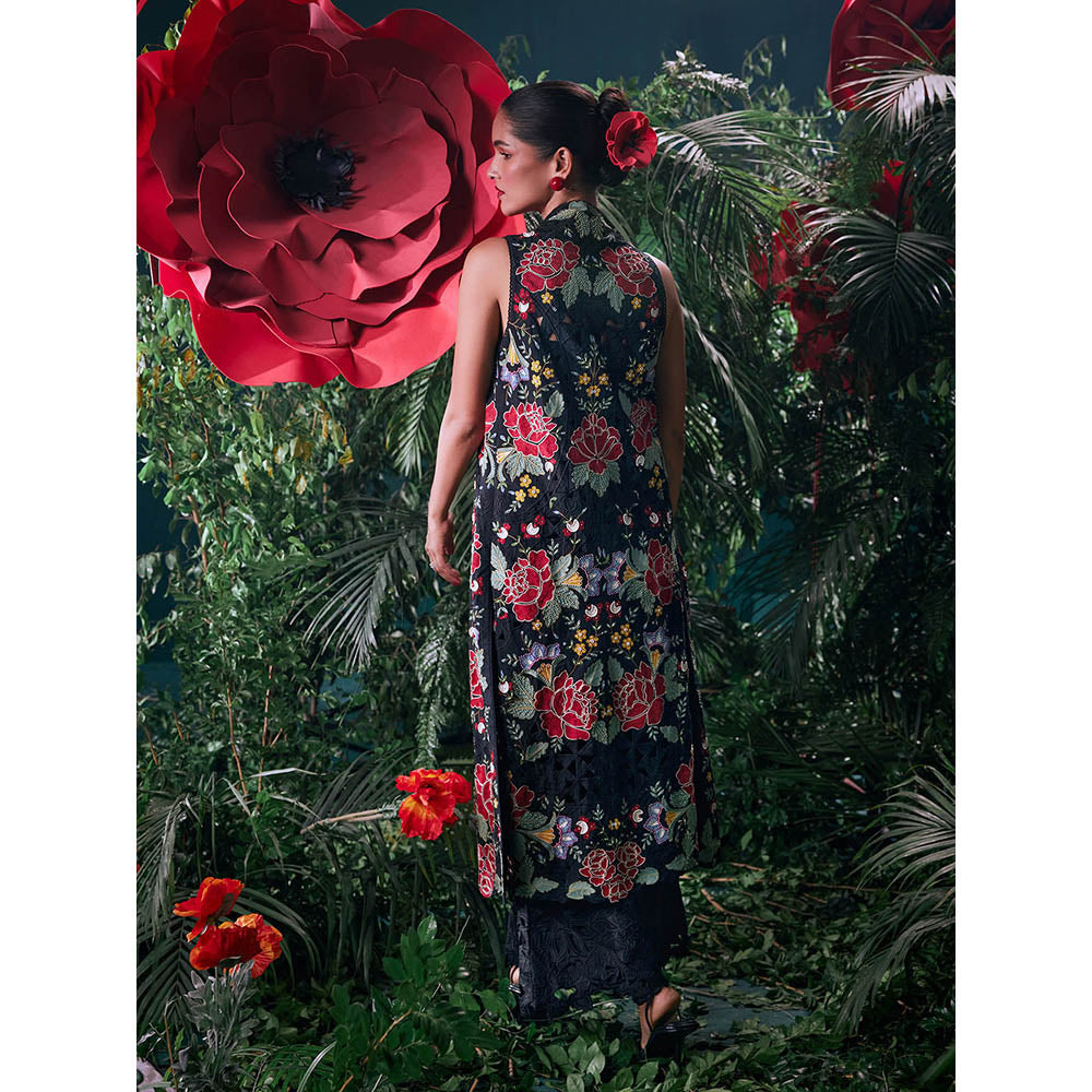 CHANDRIMA Black Cotton Floral Sleeveless Bead Work Jacket