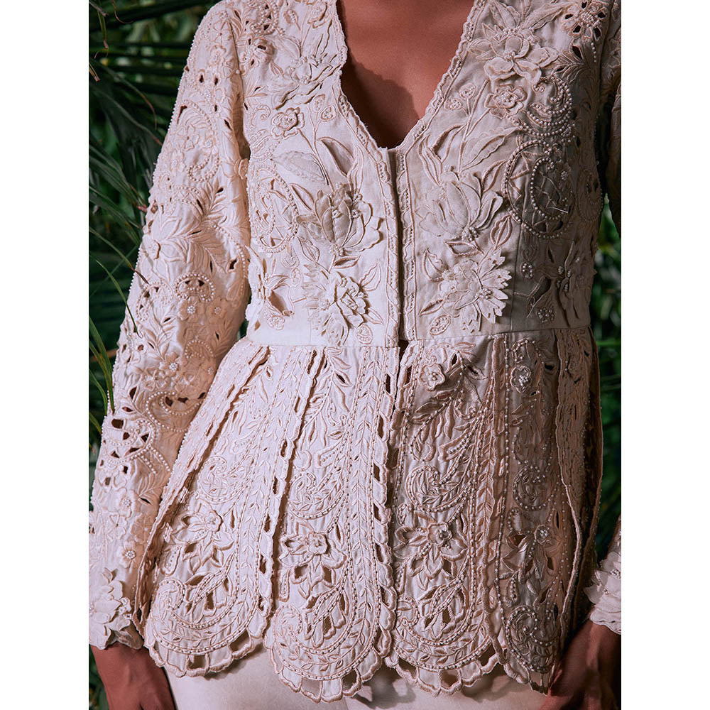 CHANDRIMA Ivory Chanderi Embroidered Full Sleeves V-Neck Bead Work Jacket