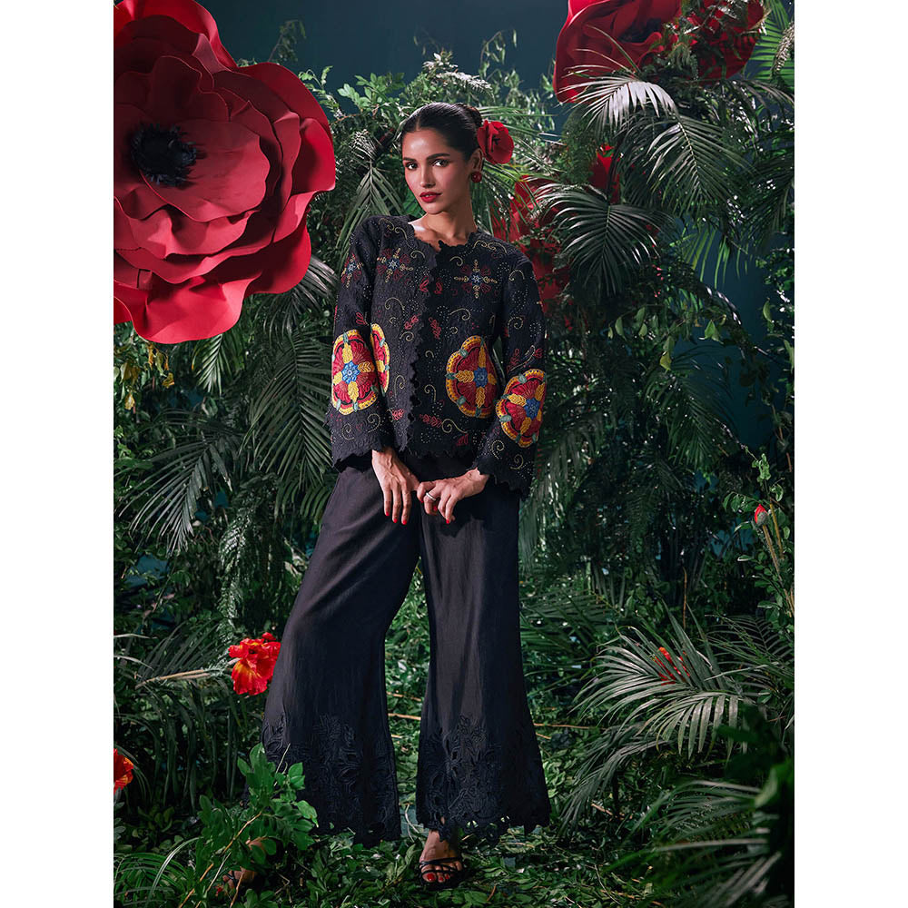 CHANDRIMA Black Chanderi Floral Full Sleeves Round Neck Bead Work Jacket