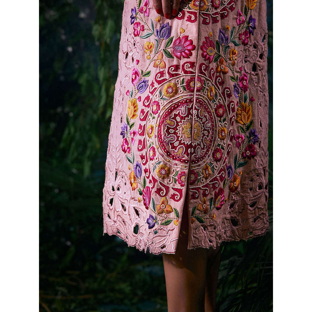 CHANDRIMA Pink Cotton Floral Sleeveless Bead Work Jacket