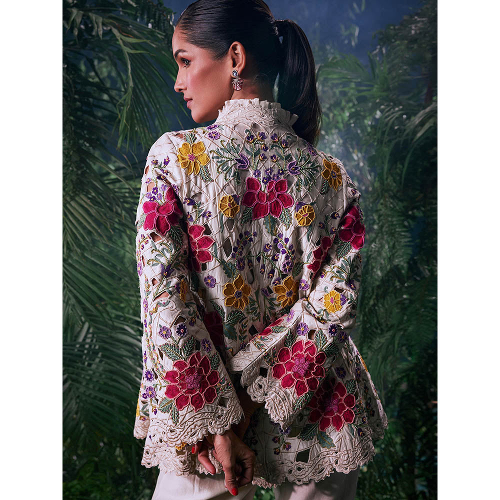 CHANDRIMA Ivory Chanderi Floral Full Sleeves Bead Work Jacket