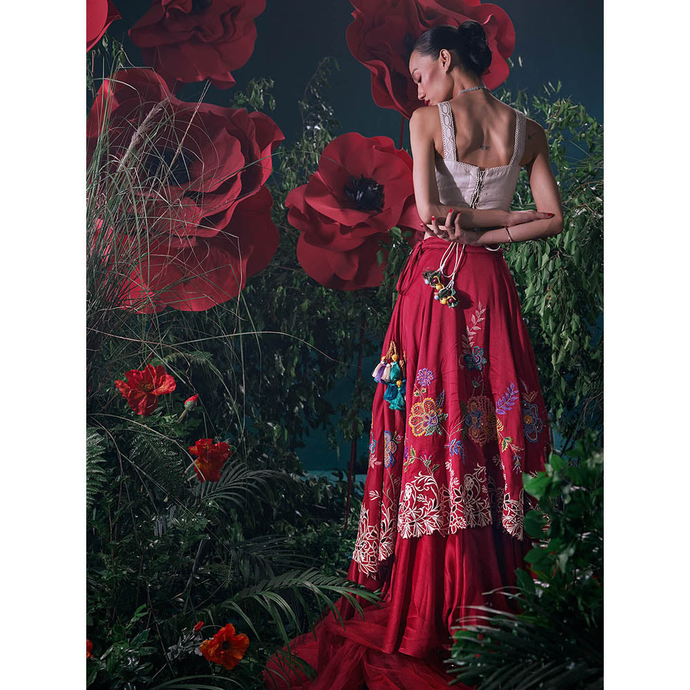 CHANDRIMA Red Chanderi Floral Bead Work Skirt