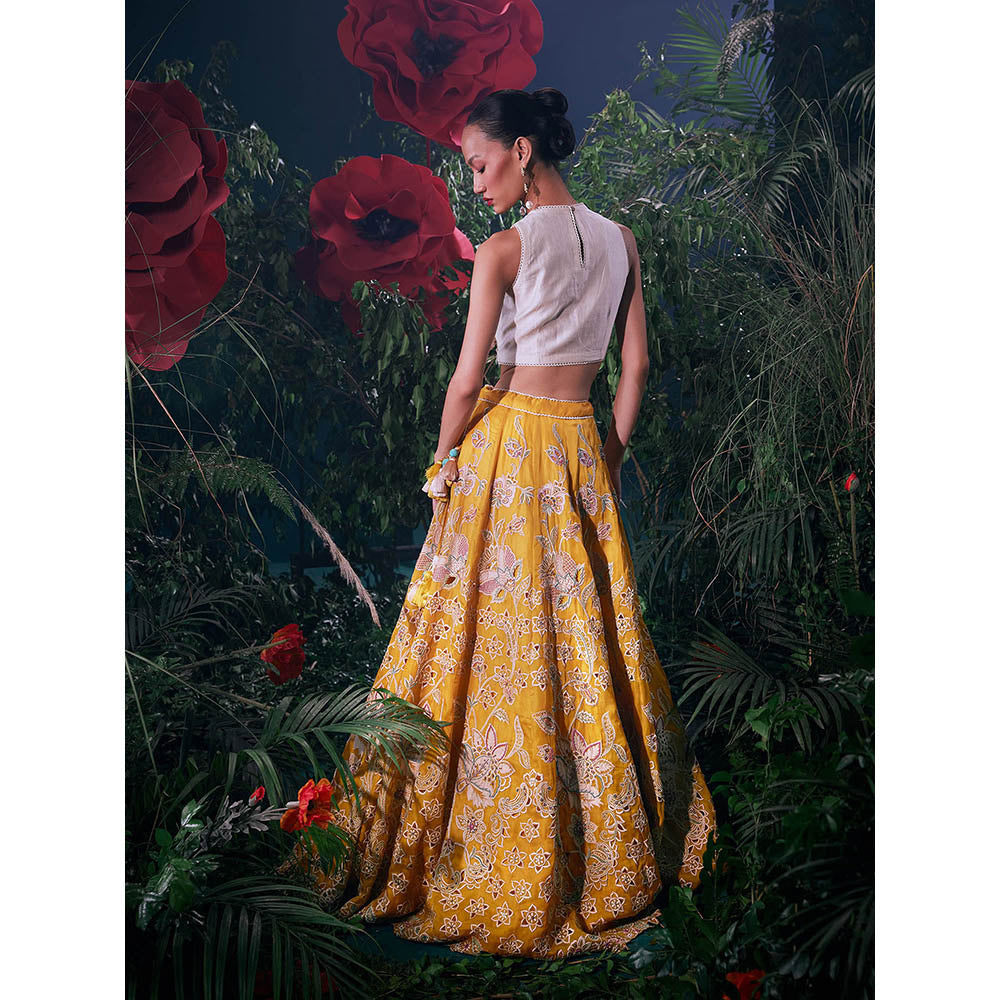 CHANDRIMA Yellow Organza Floral Bead Work Skirt