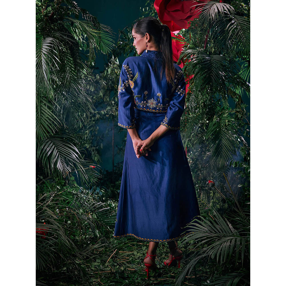 CHANDRIMA Navy Blue Chanderi Floral Bead Work Skirt