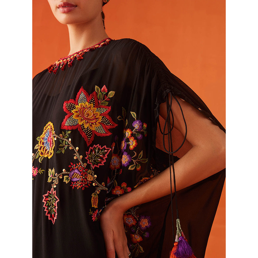 CHANDRIMA Black Georgette Floral Flared Sleeves Round Neck Bead Work Kaftan