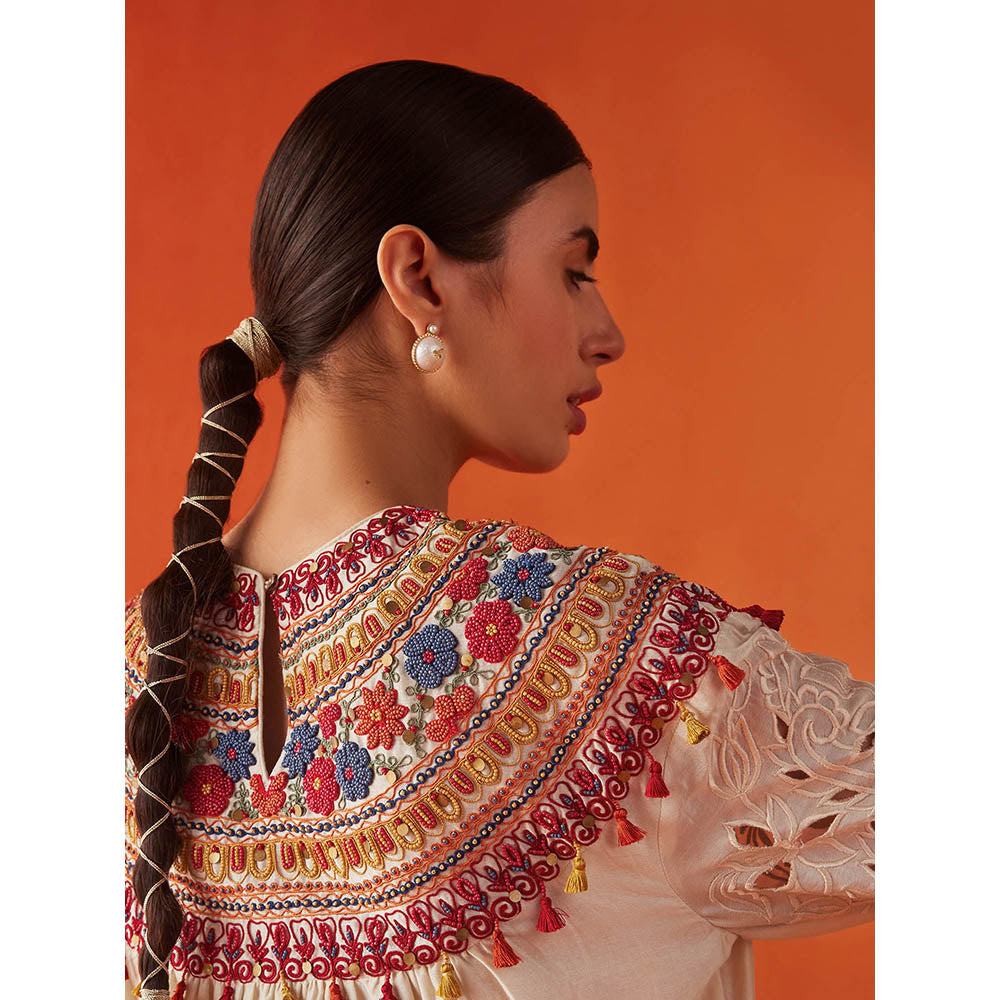 CHANDRIMA Ivory Chanderi Floral Bead Work Kurta with Pant (Set of 2)