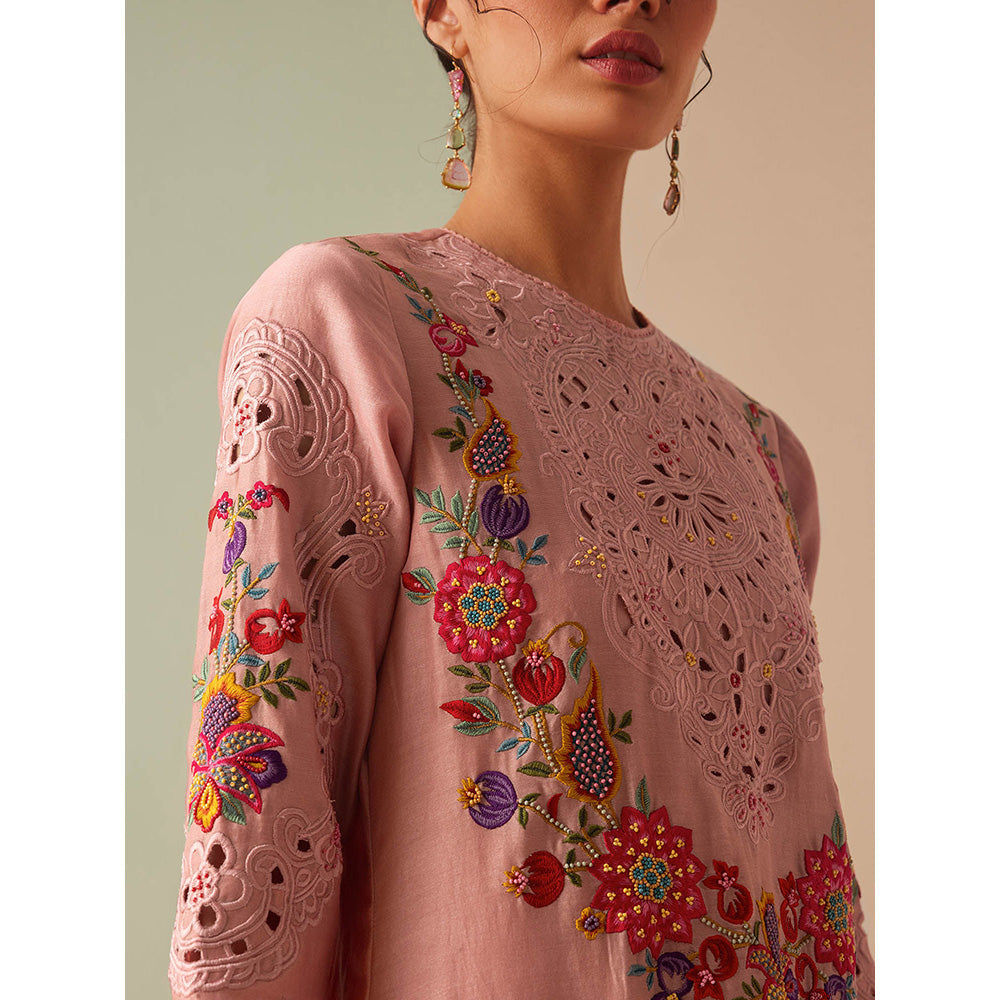 CHANDRIMA Pink Chanderi Floral Bead Work Kurta with Pant (Set of 2)