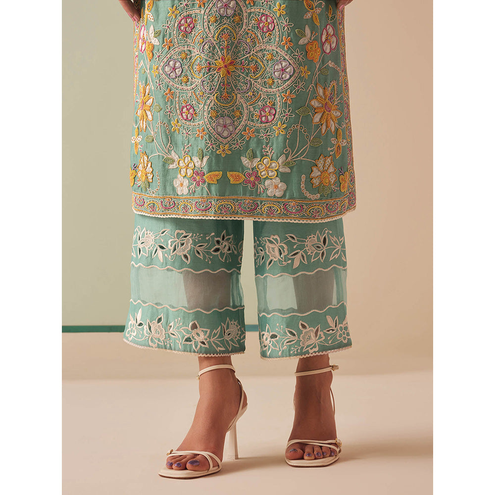 CHANDRIMA Green Chanderi Floral Balloon Sleeve Bead Work Kurta with Pant (Set of 2)