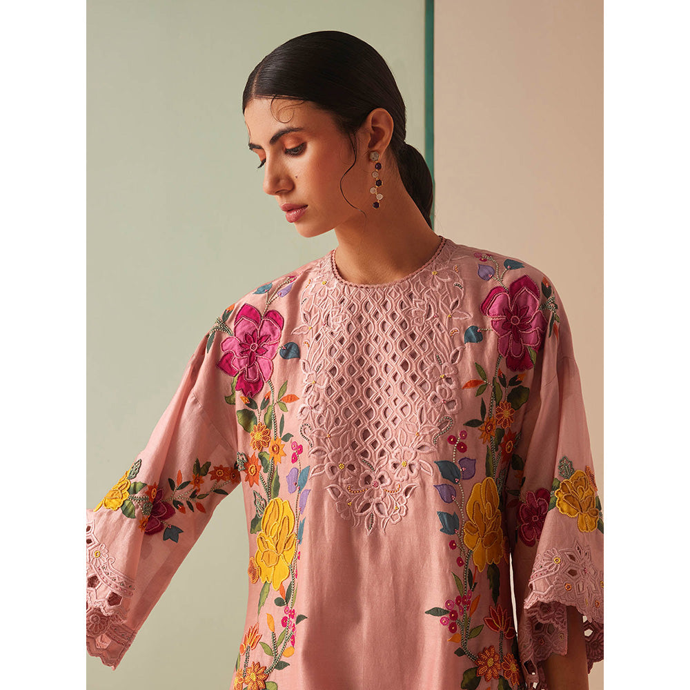 CHANDRIMA Pink Chanderi Floral Bead Work Kurta with Pant (Set of 2)