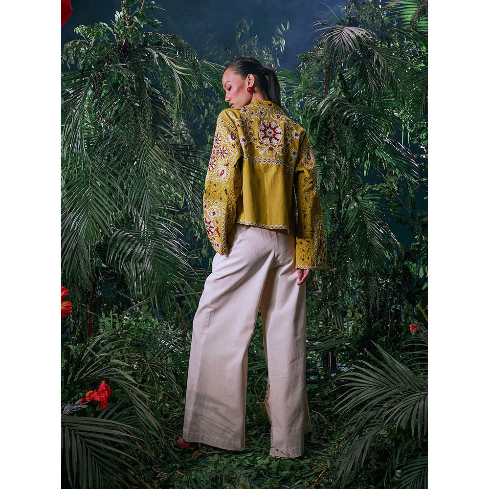 CHANDRIMA Ivory Cotton Embroidered Thread Work Pant